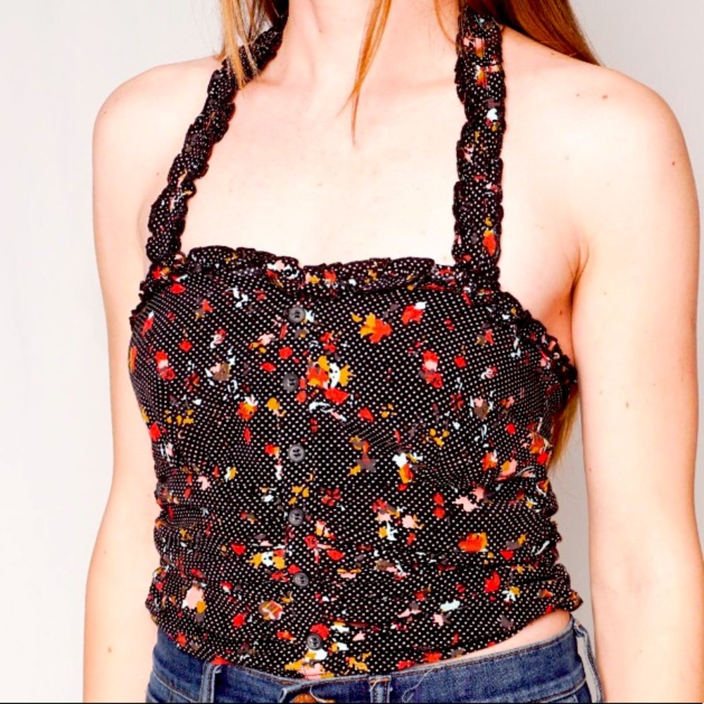 FREE PEOPLE Halter Top Dot Floral Ruched  XS
